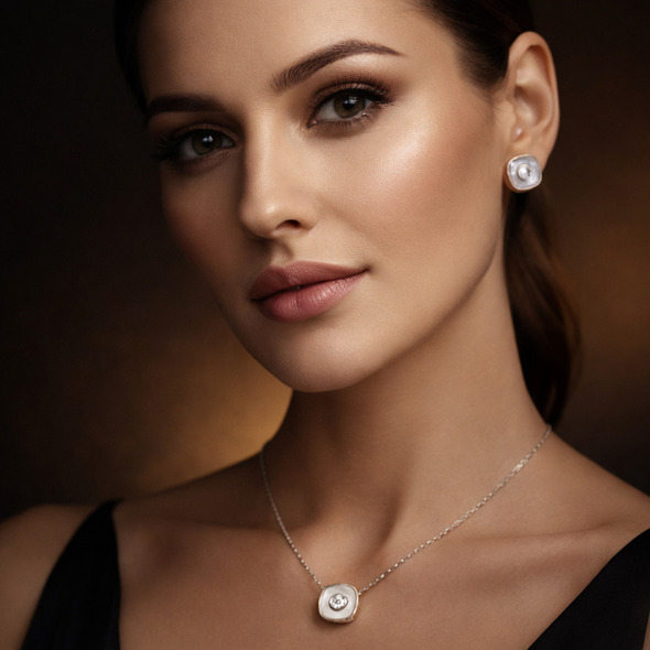 Mother of Pearl Cushion Halo Jewelry Set – 92.5 Sterling Silver Square Pendant & Stud Earrings with Solitaire Crystal Center