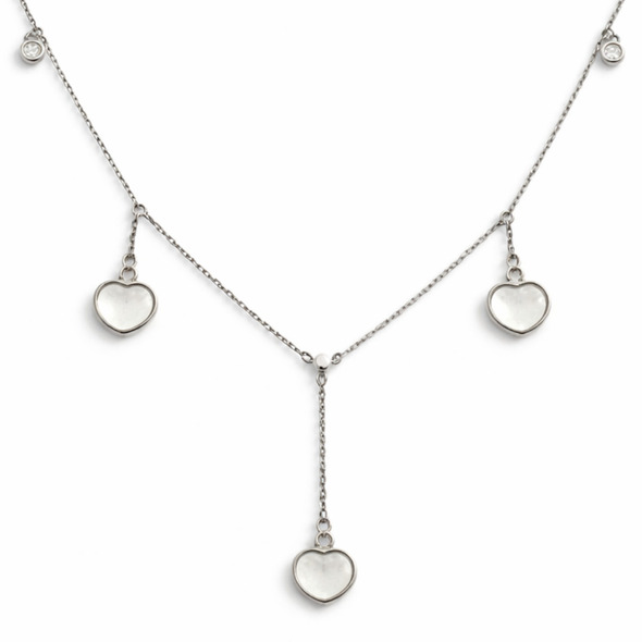Mother of Pearl Heart Lariat – 92.5 Sterling Silver Y-Necklace with Shimmering Shell Hearts and Crystal Accents