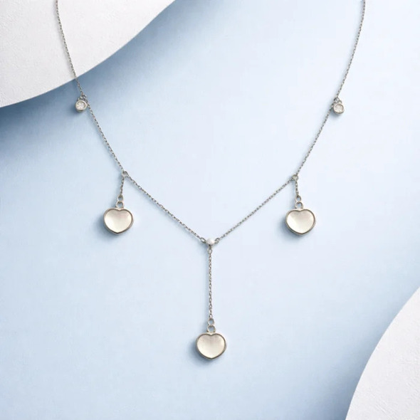 Mother of Pearl Heart Lariat – 92.5 Sterling Silver Y-Necklace with Shimmering Shell Hearts and Crystal Accents