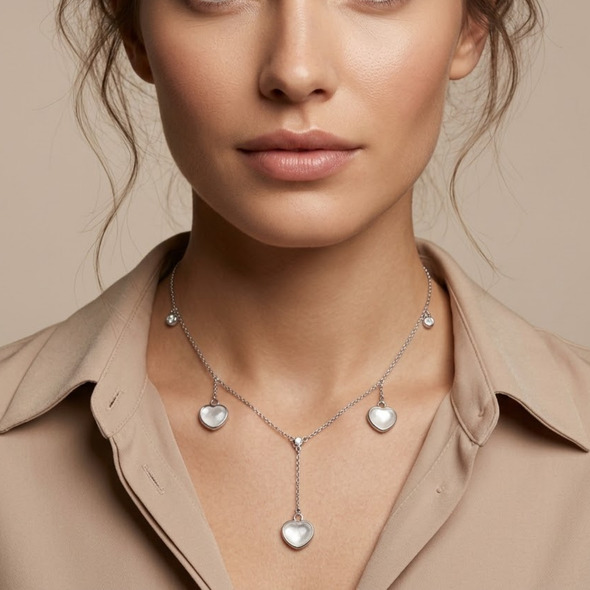Mother of Pearl Heart Lariat – 92.5 Sterling Silver Y-Necklace with Shimmering Shell Hearts and Crystal Accents