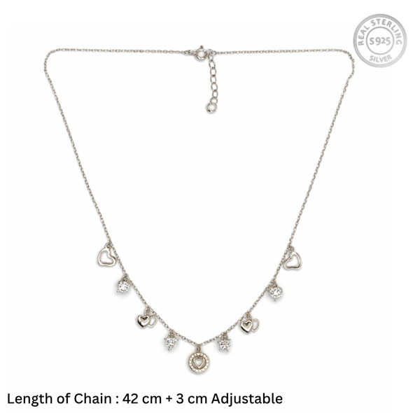 Multi-Charm Heart and Crystal Drop Necklace – 92.5 Sterling Silver Romantic Charm Choker with Shimmering Accents