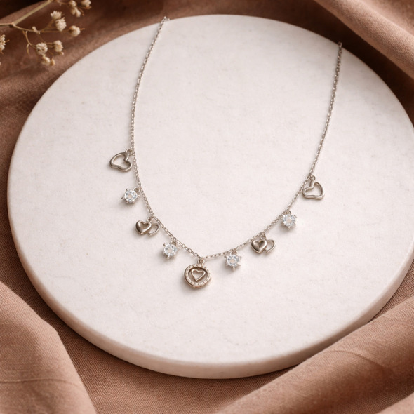 Multi-Charm Heart and Crystal Drop Necklace – 92.5 Sterling Silver Romantic Charm Choker with Shimmering Accents