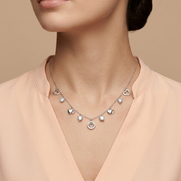 Multi-Charm Heart and Crystal Drop Necklace – 92.5 Sterling Silver Romantic Charm Choker with Shimmering Accents