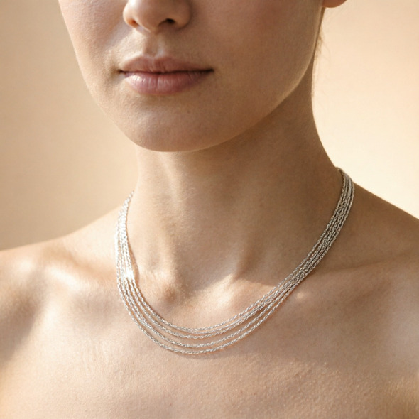 Multi-Strand Liquid Silver Layering Necklace – 92.5 Sterling Silver Five-Tier Fine Link Statement Chain