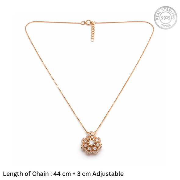 Ornate Filigree Floral Bloom Pendant – Rose Gold Plated 92.5 Sterling Silver Vintage-Style Crystal Necklace