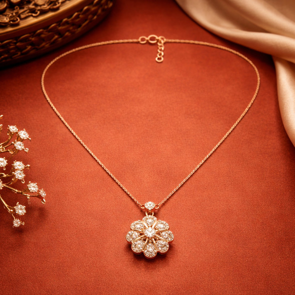 Ornate Filigree Floral Bloom Pendant – Rose Gold Plated 92.5 Sterling Silver Vintage-Style Crystal Necklace