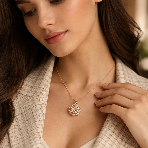 Ornate Filigree Floral Bloom Pendant – Rose Gold Plated 92.5 Sterling Silver Vintage-Style Crystal Necklace