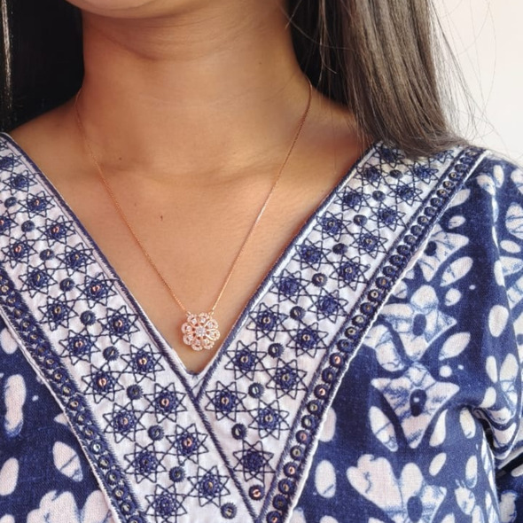 Ornate Filigree Floral Bloom Pendant – Rose Gold Plated 92.5 Sterling Silver Vintage-Style Crystal Necklace