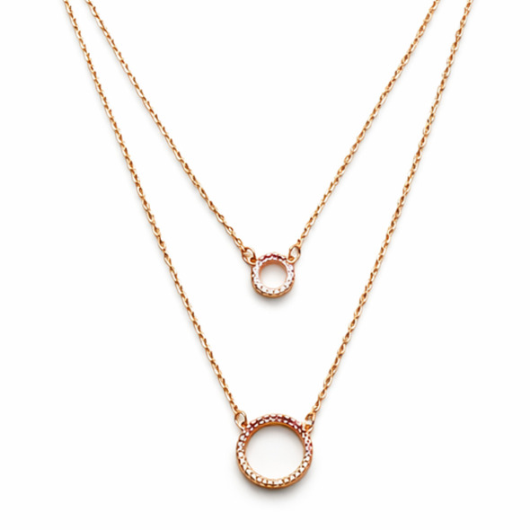 Rose Gold Eternal Circle Layered Necklace – 92.5 Sterling Silver Double Chain Halo Pendant with Sparkling Pavé Crystals