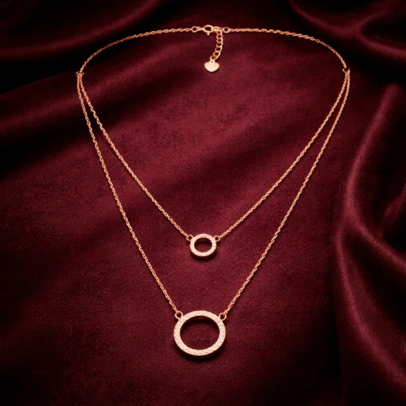 Rose Gold Eternal Circle Layered Necklace – 92.5 Sterling Silver Double Chain Halo Pendant with Sparkling Pavé Crystals