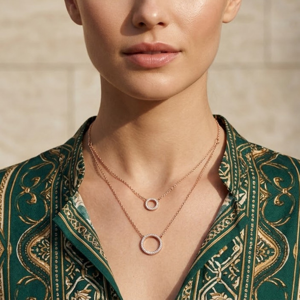 Rose Gold Eternal Circle Layered Necklace – 92.5 Sterling Silver Double Chain Halo Pendant with Sparkling Pavé Crystals