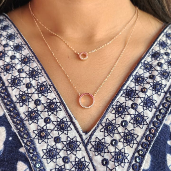 Rose Gold Eternal Circle Layered Necklace – 92.5 Sterling Silver Double Chain Halo Pendant with Sparkling Pavé Crystals
