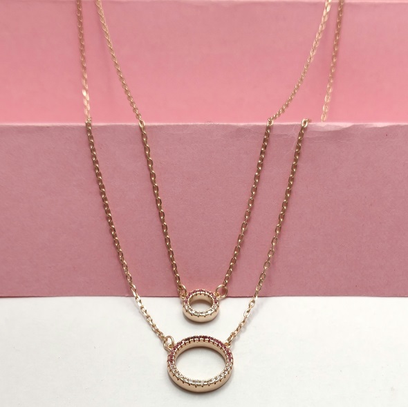 Rose Gold Eternal Circle Layered Necklace – 92.5 Sterling Silver Double Chain Halo Pendant with Sparkling Pavé Crystals