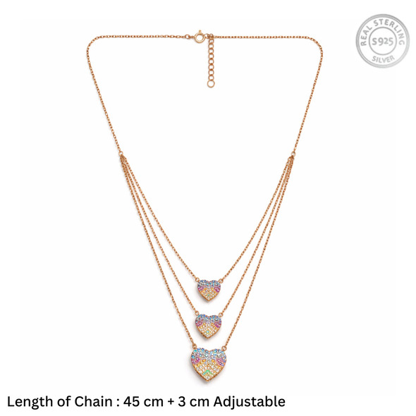 Rose Gold Rainbow Heart Triple Layered Necklace – 92.5 Sterling Silver Multi-Strand Pendant with Colorful Crystals