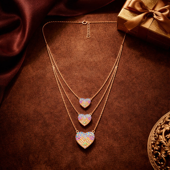 Rose Gold Rainbow Heart Triple Layered Necklace – 92.5 Sterling Silver Multi-Strand Pendant with Colorful Crystals