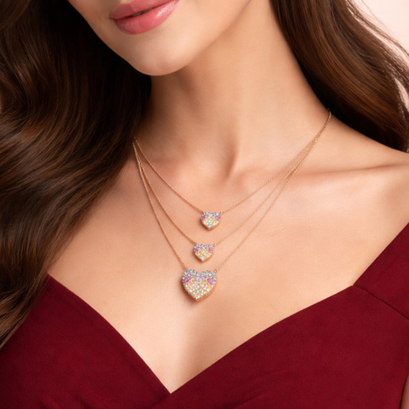 Rose Gold Rainbow Heart Triple Layered Necklace – 92.5 Sterling Silver Multi-Strand Pendant with Colorful Crystals