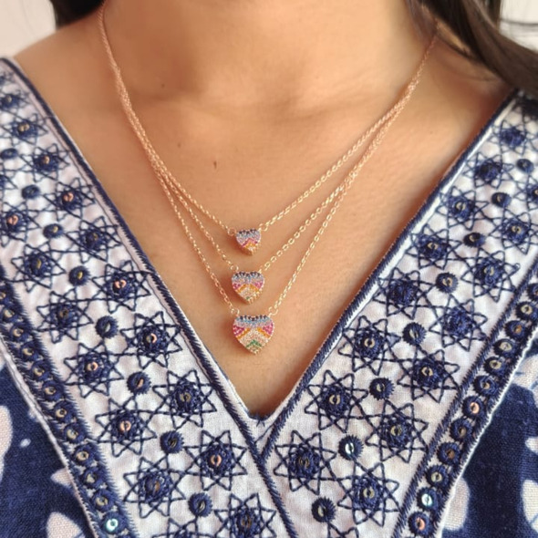 Rose Gold Rainbow Heart Triple Layered Necklace – 92.5 Sterling Silver Multi-Strand Pendant with Colorful Crystals