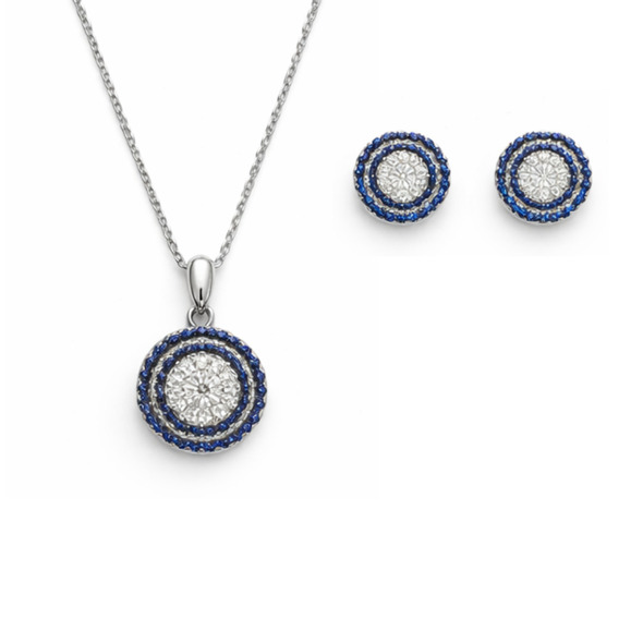 Royal Blue Double Halo Medallion Jewelry Set – 92.5 Sterling Silver Concentric Circle Necklace & Stud Earrings with Sapphire-Toned Accents