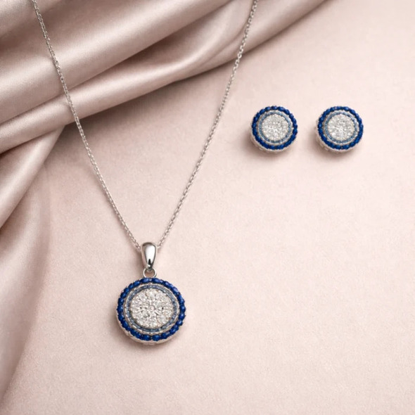 Royal Blue Double Halo Medallion Jewelry Set – 92.5 Sterling Silver Concentric Circle Necklace & Stud Earrings with Sapphire-Toned Accents