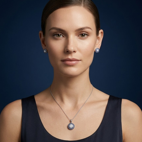 Royal Blue Double Halo Medallion Jewelry Set – 92.5 Sterling Silver Concentric Circle Necklace & Stud Earrings with Sapphire-Toned Accents