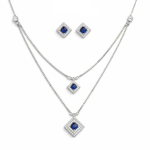Royal Blue Layered Princess-Cut Jewelry Set – 92.5 Sterling Silver Double Strand Necklace & Matching Square Halo Studs