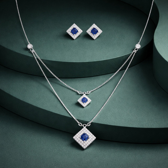 Royal Blue Layered Princess-Cut Jewelry Set – 92.5 Sterling Silver Double Strand Necklace & Matching Square Halo Studs