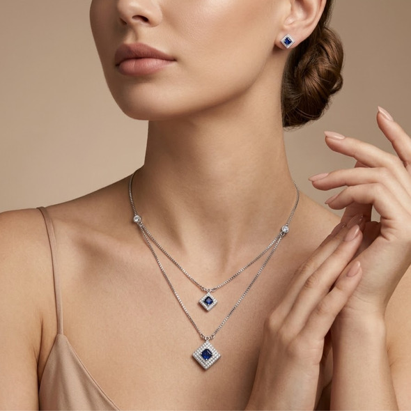 Royal Blue Layered Princess-Cut Jewelry Set – 92.5 Sterling Silver Double Strand Necklace & Matching Square Halo Studs