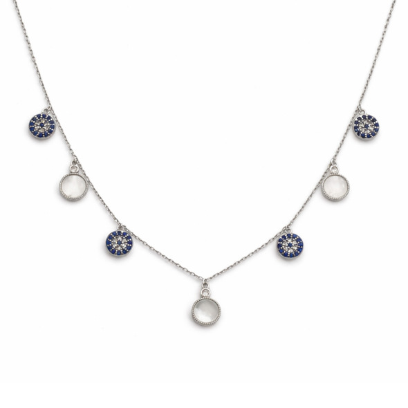Royal Blue & Mother of Pearl Station Choker – 92.5 Sterling Silver Multi-Charm Necklace with Sapphire-Toned Halos