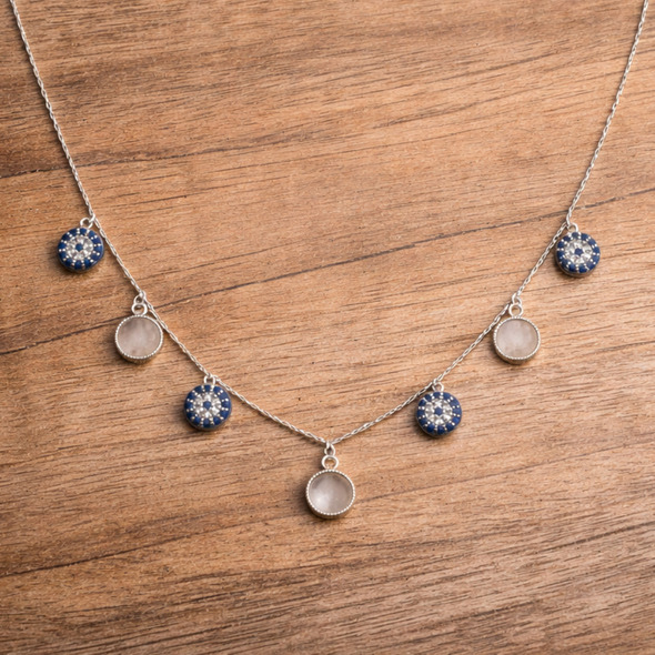 Royal Blue & Mother of Pearl Station Choker – 92.5 Sterling Silver Multi-Charm Necklace with Sapphire-Toned Halos