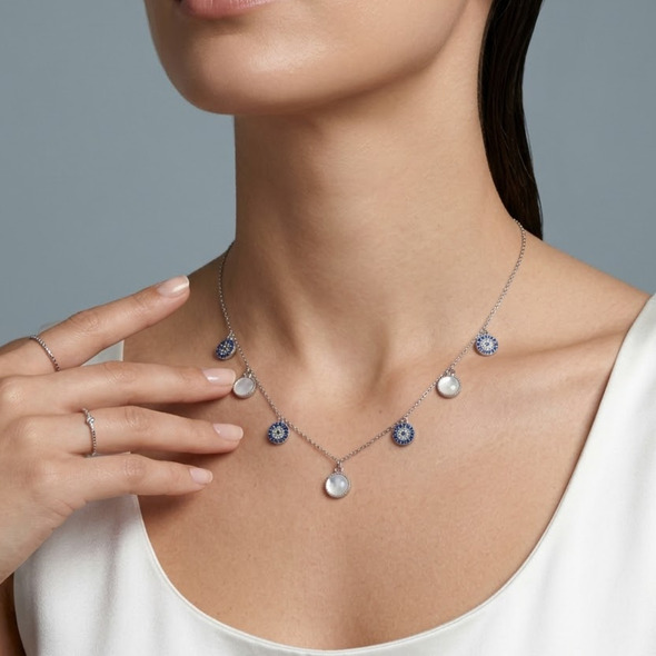 Royal Blue & Mother of Pearl Station Choker – 92.5 Sterling Silver Multi-Charm Necklace with Sapphire-Toned Halos
