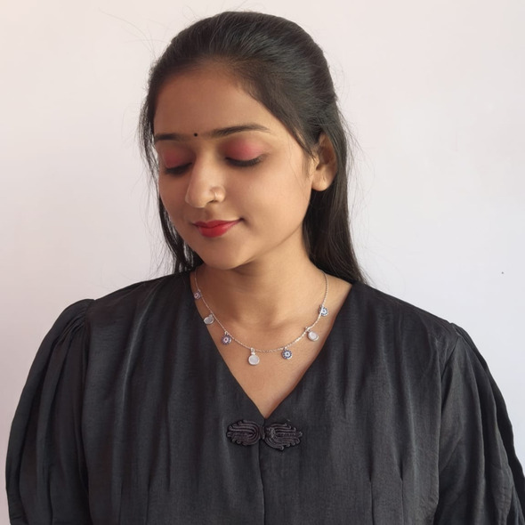 Royal Blue & Mother of Pearl Station Choker – 92.5 Sterling Silver Multi-Charm Necklace with Sapphire-Toned Halos