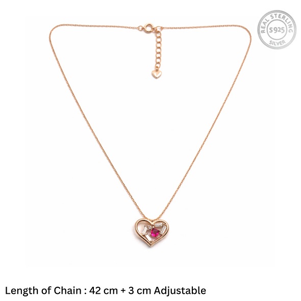 Ruby Heart & Baguette Crystal Necklace – Rose Gold Plated 92.5 Sterling Silver Romantic Open Heart Pendant