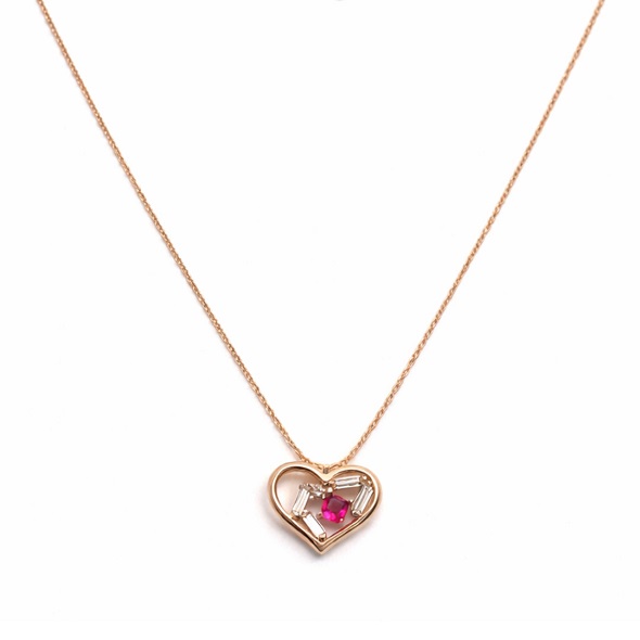 Ruby Heart & Baguette Crystal Necklace – Rose Gold Plated 92.5 Sterling Silver Romantic Open Heart Pendant