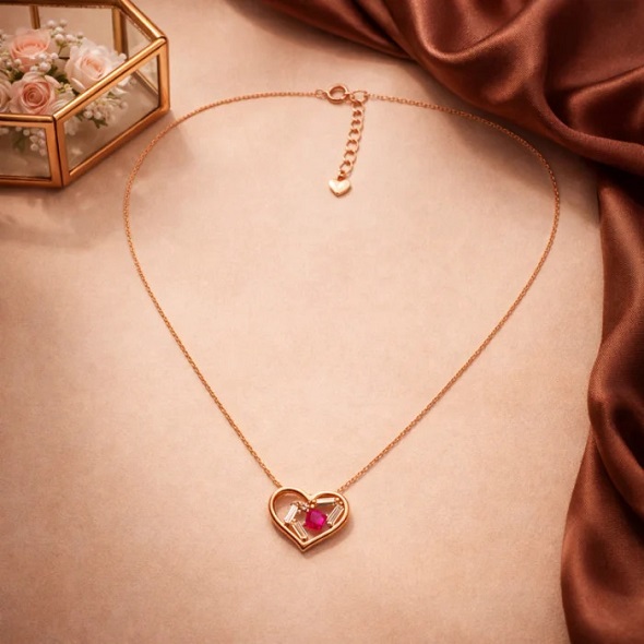 Ruby Heart & Baguette Crystal Necklace – Rose Gold Plated 92.5 Sterling Silver Romantic Open Heart Pendant