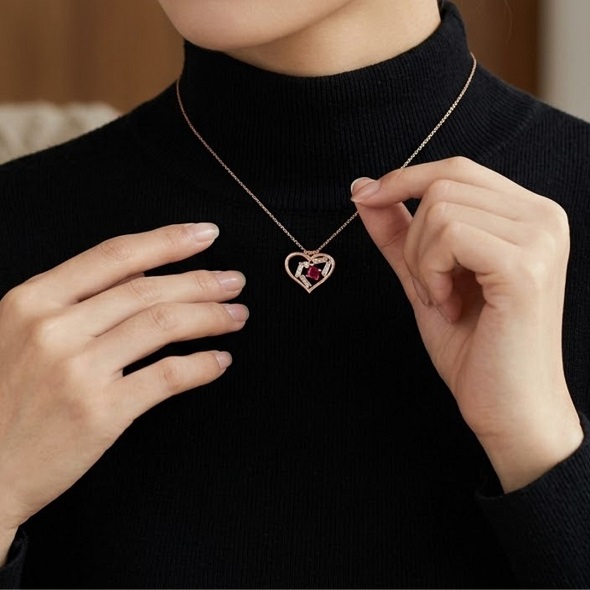 Ruby Heart & Baguette Crystal Necklace – Rose Gold Plated 92.5 Sterling Silver Romantic Open Heart Pendant