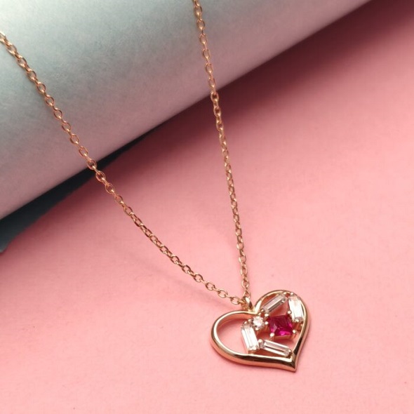 Ruby Heart & Baguette Crystal Necklace – Rose Gold Plated 92.5 Sterling Silver Romantic Open Heart Pendant