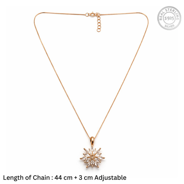 Sparkling Snowflake Starburst Pendant – Rose Gold Plated 92.5 Sterling Silver Marquise Crystal Necklace