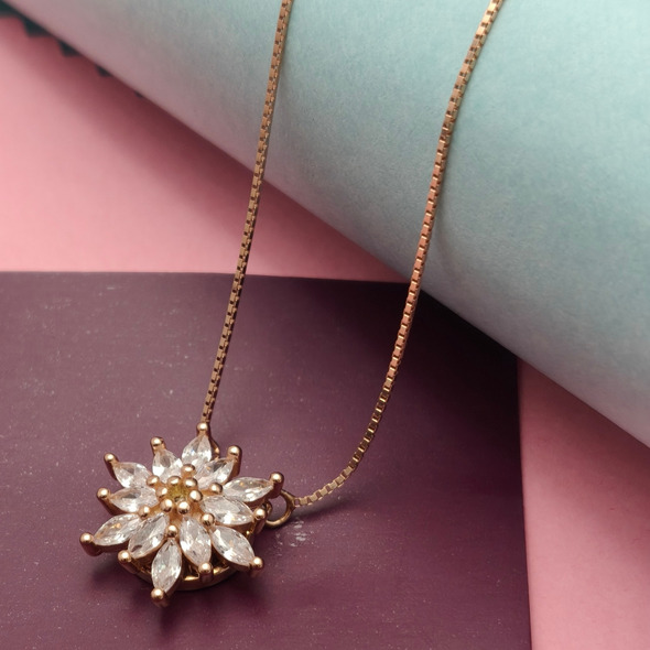Sparkling Snowflake Starburst Pendant – Rose Gold Plated 92.5 Sterling Silver Marquise Crystal Necklace