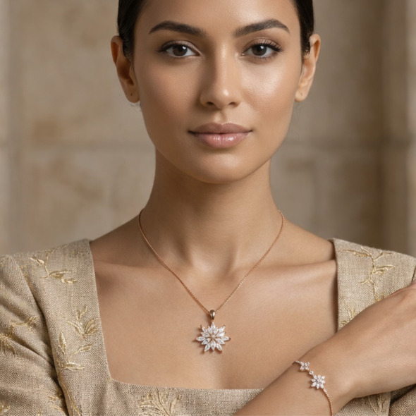 Sparkling Snowflake Starburst Pendant – Rose Gold Plated 92.5 Sterling Silver Marquise Crystal Necklace