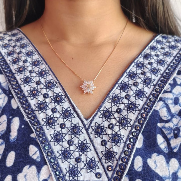 Sparkling Snowflake Starburst Pendant – Rose Gold Plated 92.5 Sterling Silver Marquise Crystal Necklace