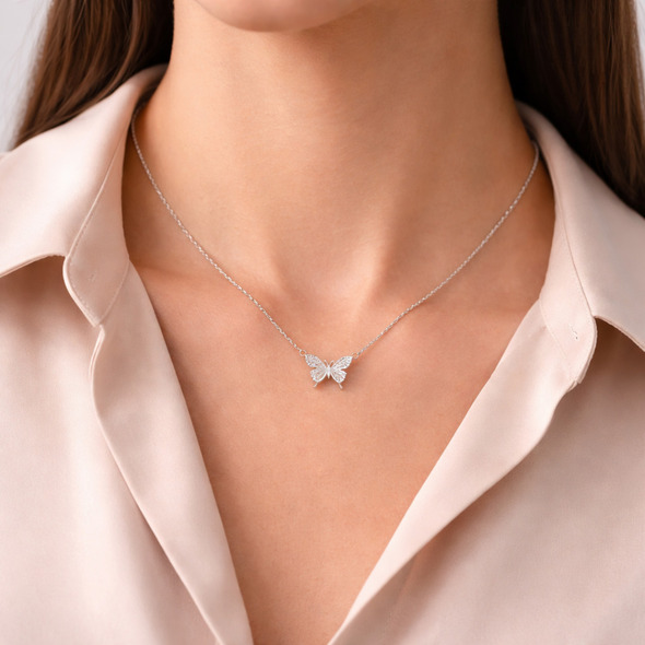 Sparkling Butterfly Pendant Necklace in 92.5 Sterling Silver For Women