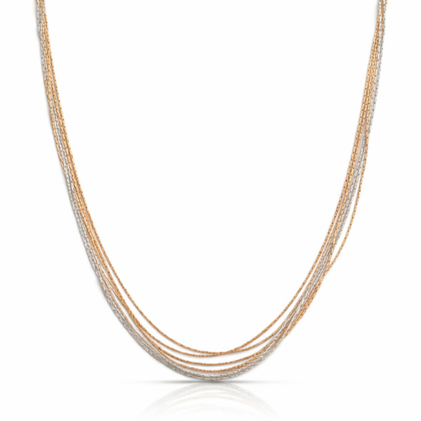 Tri-Tone Liquid Metallic Layering Necklace – 92.5 Sterling Silver Multi-Strand Statement Chain with Gold & Rose Gold Accents