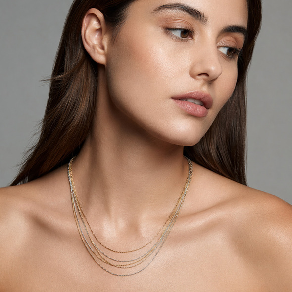 Tri-Tone Liquid Metallic Layering Necklace – 92.5 Sterling Silver Multi-Strand Statement Chain with Gold & Rose Gold Accents