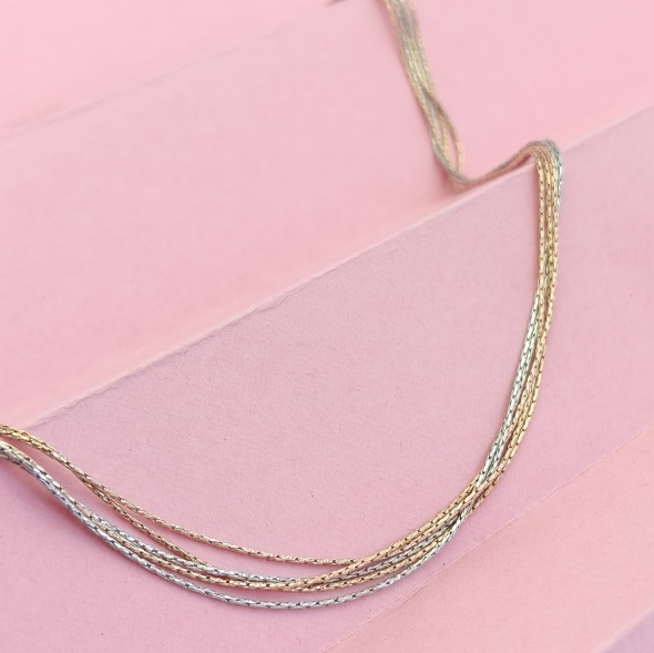 Tri-Tone Liquid Metallic Layering Necklace – 92.5 Sterling Silver Multi-Strand Statement Chain with Gold & Rose Gold Accents
