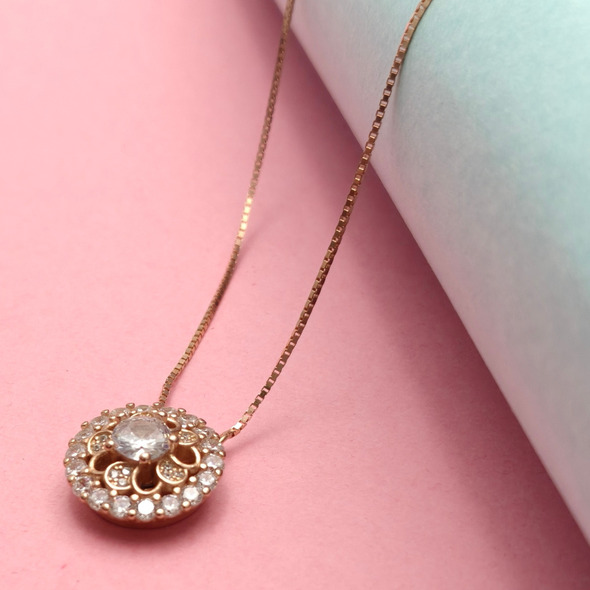 Vintage Filigree Floral Medallion Necklace – Rose Gold Plated 92.5 Sterling Silver Halo Pendant with Solitaire Center