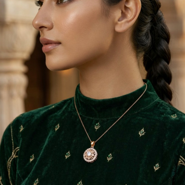 Vintage Filigree Floral Medallion Necklace – Rose Gold Plated 92.5 Sterling Silver Halo Pendant with Solitaire Center