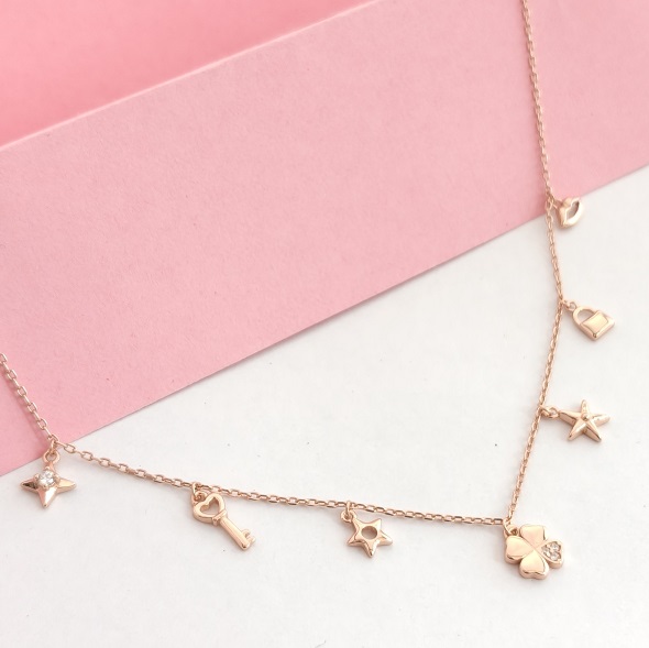 Whimsical Lucky Charm Station Necklace – Rose Gold Plated 92.5 Sterling Silver Choker with Clover, Key, and Celestial Accents
