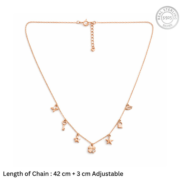Whimsical Lucky Charm Station Necklace – Rose Gold Plated 92.5 Sterling Silver Choker with Clover, Key, and Celestial Accents