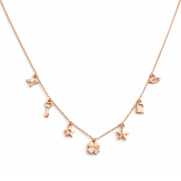 Whimsical Lucky Charm Station Necklace – Rose Gold Plated 92.5 Sterling Silver Choker with Clover, Key, and Celestial Accents