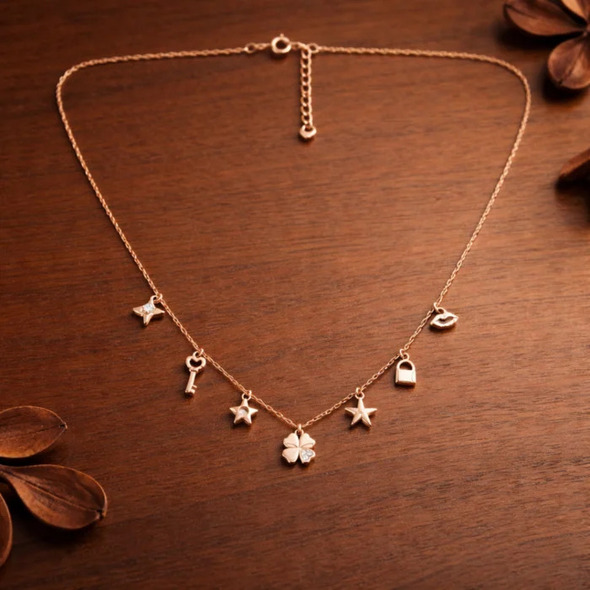 Whimsical Lucky Charm Station Necklace – Rose Gold Plated 92.5 Sterling Silver Choker with Clover, Key, and Celestial Accents